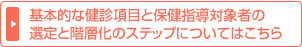 基本的な健診項目と保健指導対象者の 選定と階層化のステップについてはこちら
